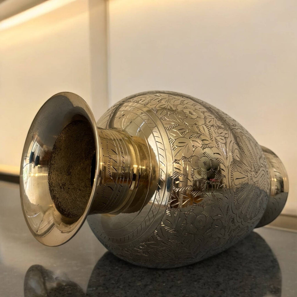 Handmade Brass Vase - 11.5in Tall, Hand-Engraved Gold Tone