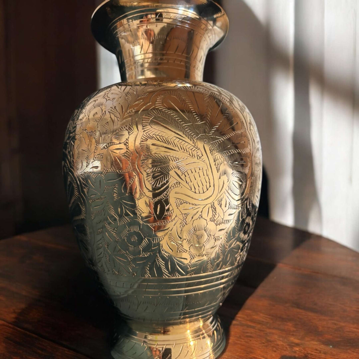 Handmade Brass Vase - 11.5in Tall, Hand-Engraved Gold Tone