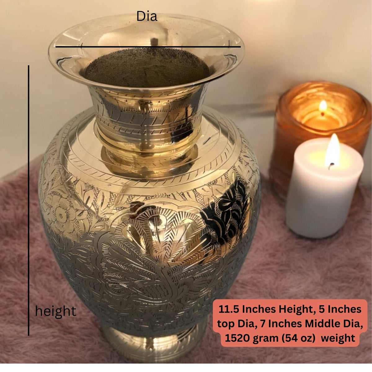 Handmade Brass Vase - 11.5in Tall, Hand-Engraved Gold Tone