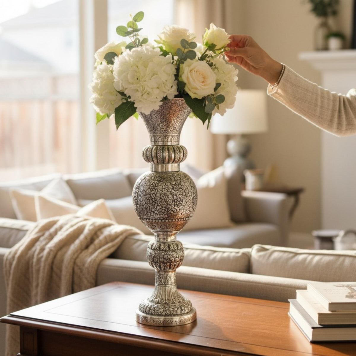 Tall Antique Silver Vase | Engraved Brass, 21 or 16 Inch