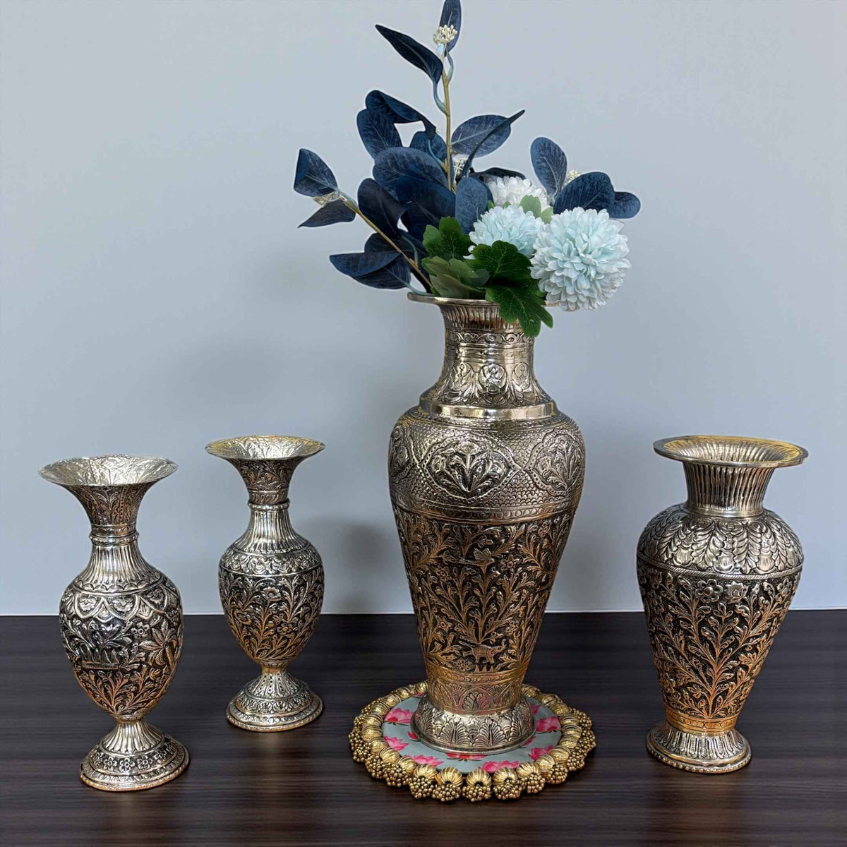 Antique Silver Foliage Vase | Hand-Engraved Copper