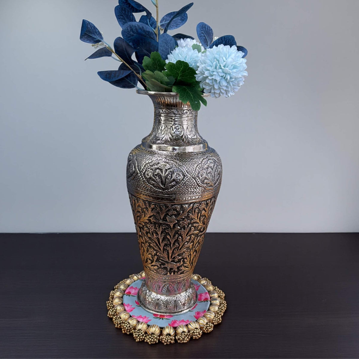 Antique Silver Foliage Vase | Hand-Engraved Copper