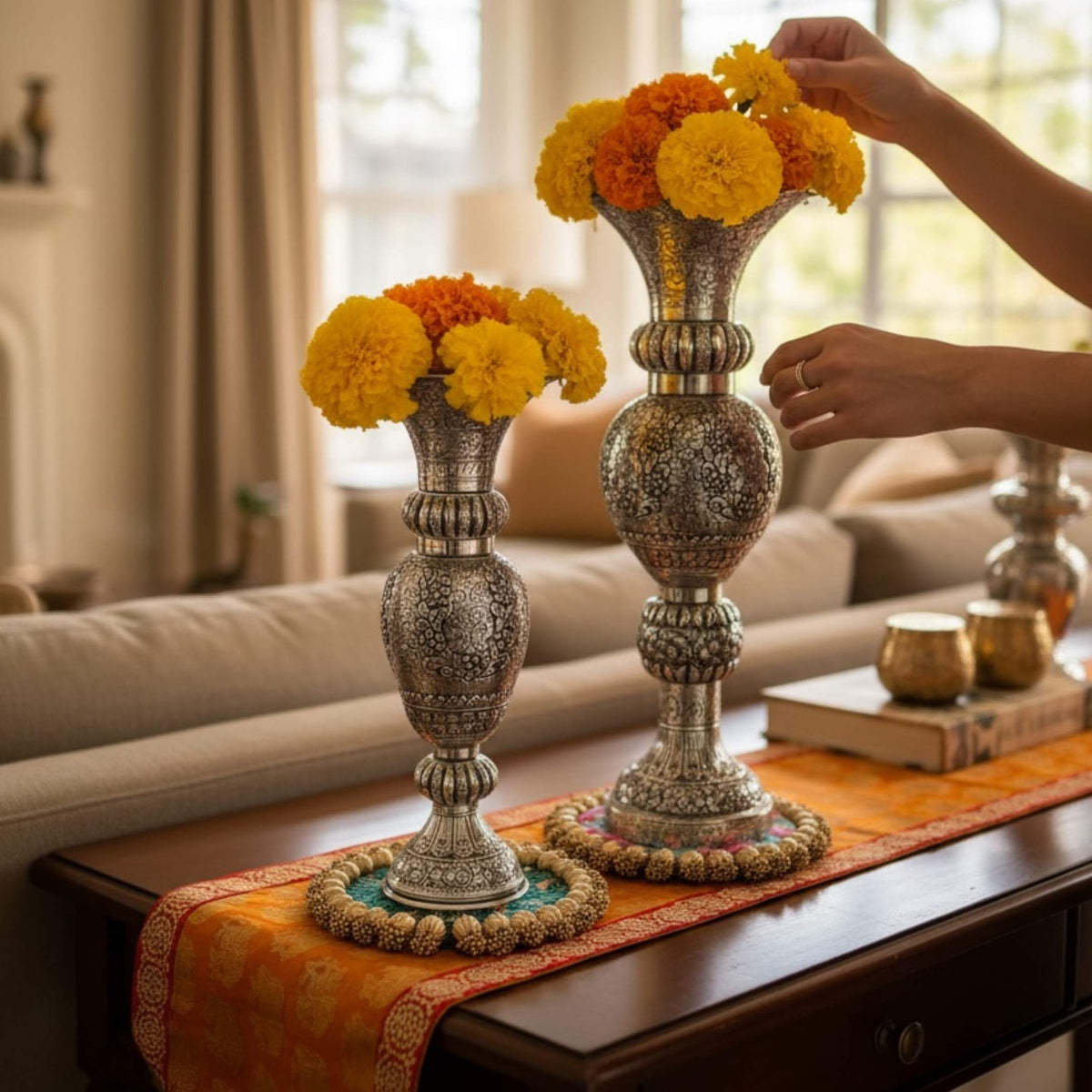 Tall Antique Silver Vase | Engraved Brass, 21 or 16 Inch