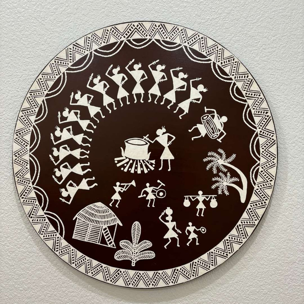 24-Inch Warli Wall Art - Hand-Painted Tribal Village Scene