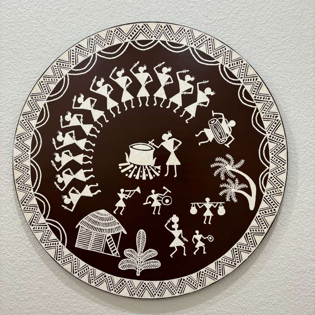 24-Inch Warli Wall Art - Hand-Painted Tribal Village Scene
