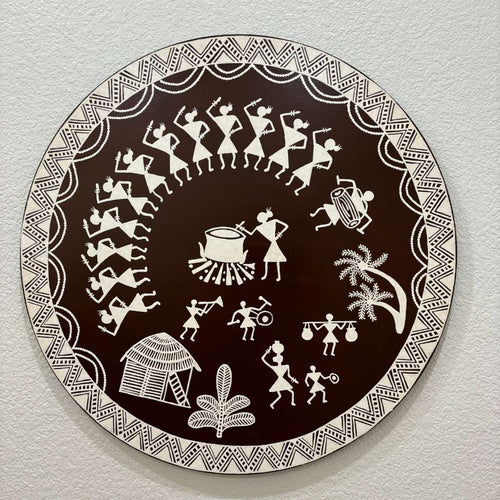 24-Inch Warli Wall Art - Hand-Painted Tribal Village Scene