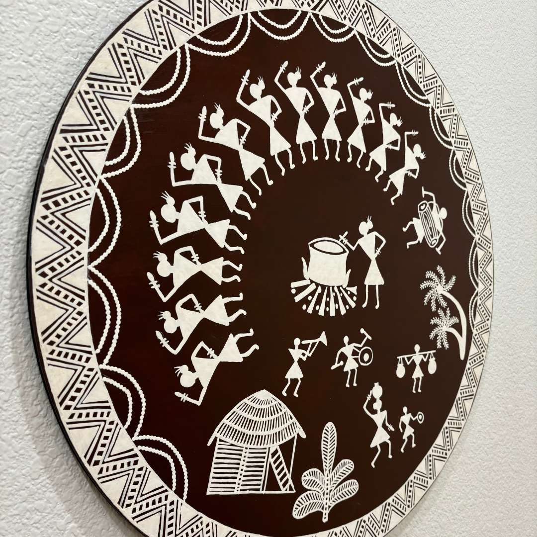 24-Inch Warli Wall Art - Hand-Painted Tribal Village Scene