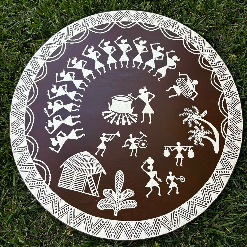 24-Inch Warli Wall Art - Hand-Painted Tribal Village Scene