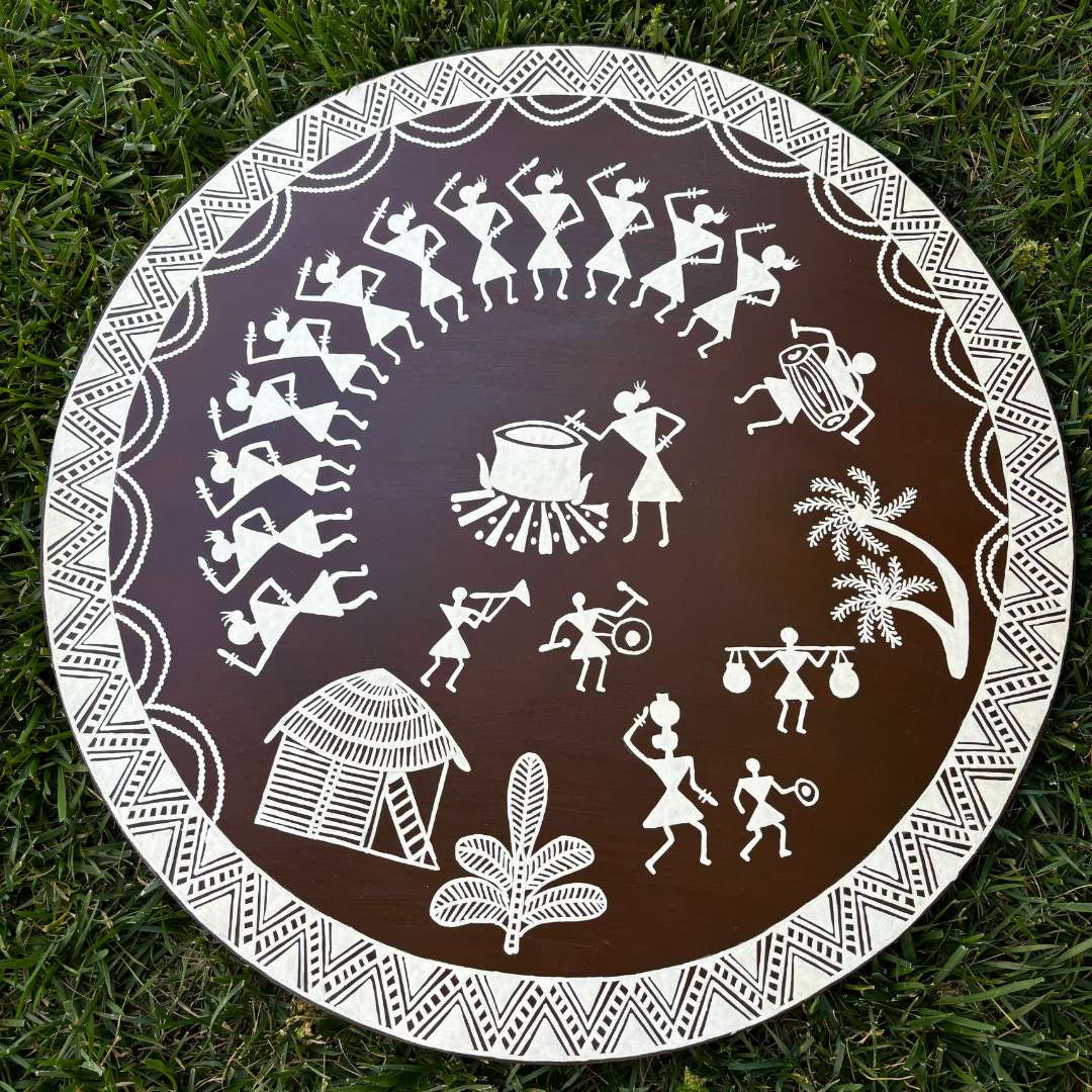 24-Inch Warli Wall Art - Hand-Painted Tribal Village Scene