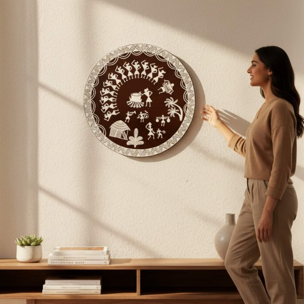 24-Inch Warli Wall Art - Hand-Painted Tribal Village Scene