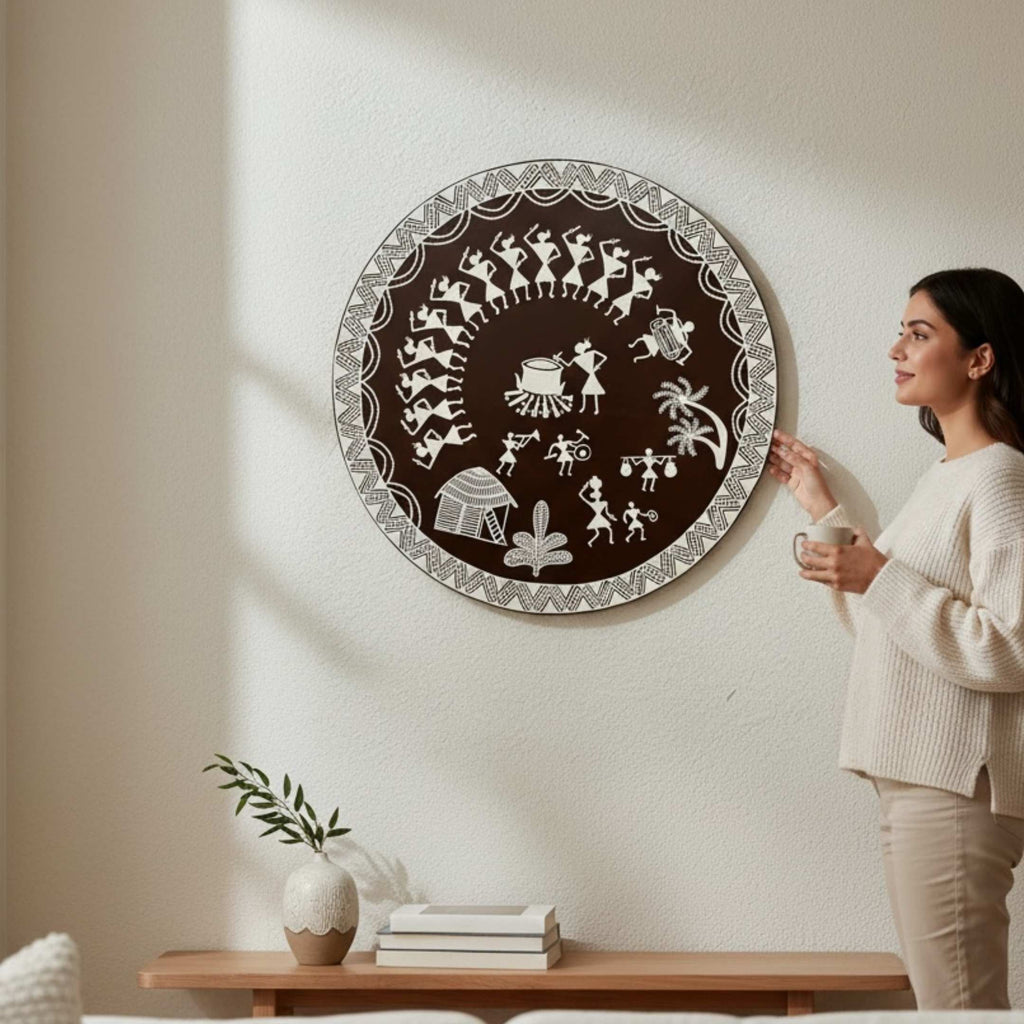 24-Inch Warli Wall Art - Hand-Painted Tribal Village Scene