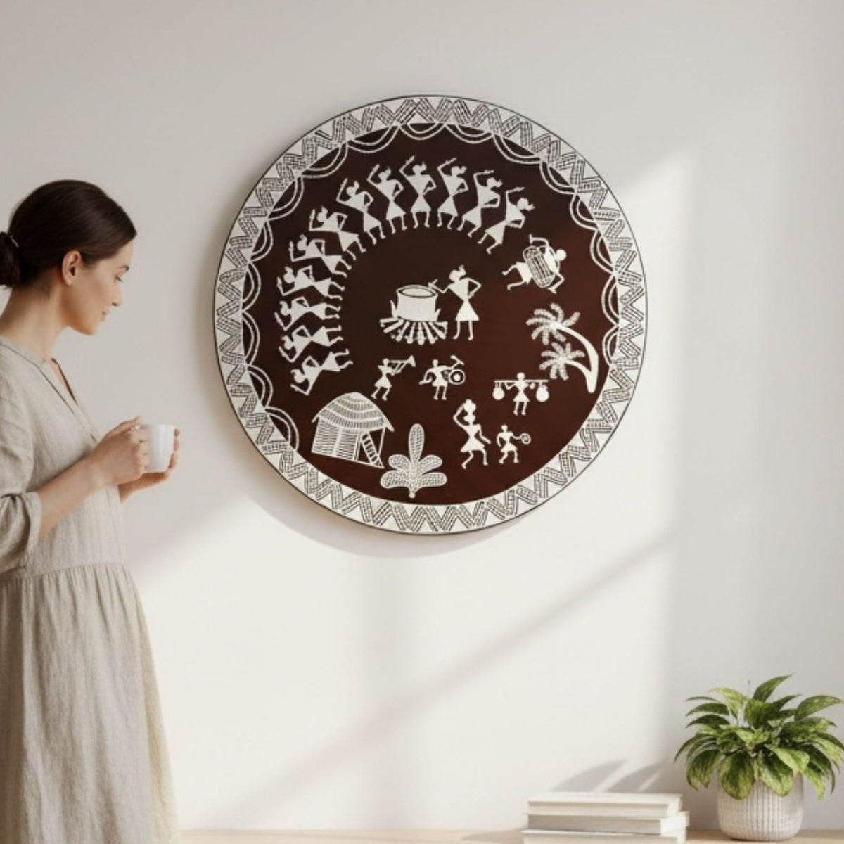 24-Inch Warli Wall Art - Hand-Painted Tribal Village Scene