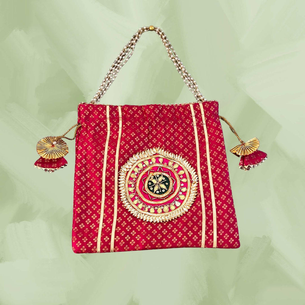 Pearl Potli Bags - Set of 2 Bandhani Pouches with Pearl Straps