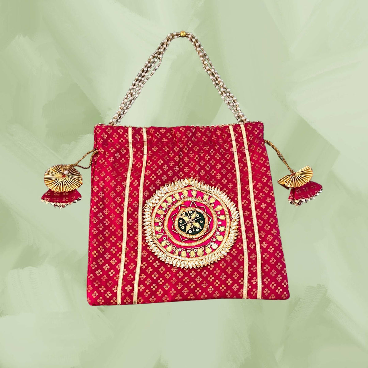 Pearl Potli Bags - Set of 2 Bandhani Pouches with Pearl Straps
