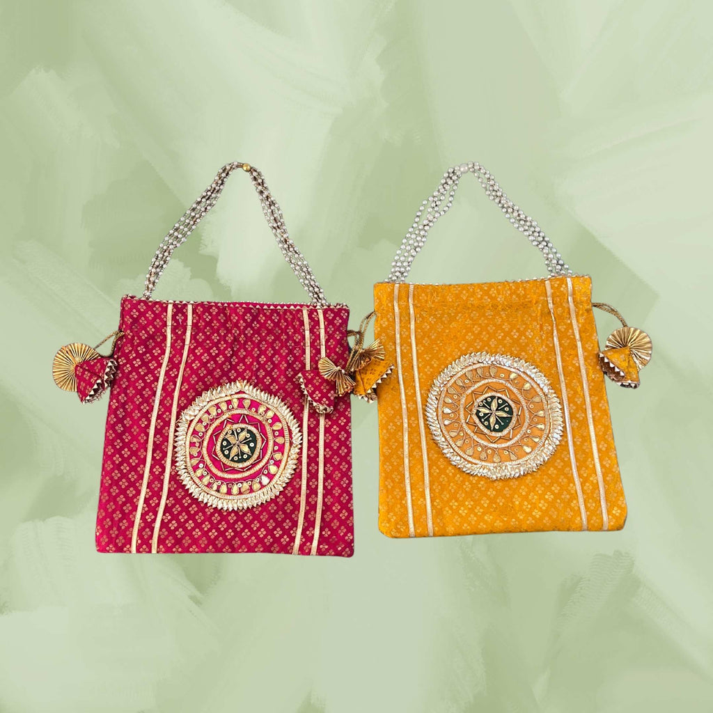 Pearl Potli Bags - Set of 2 Bandhani Pouches with Pearl Straps