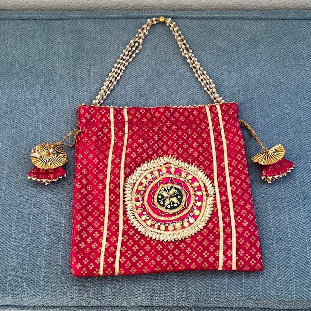 Pearl Potli Bags - Set of 2 Bandhani Pouches with Pearl Straps