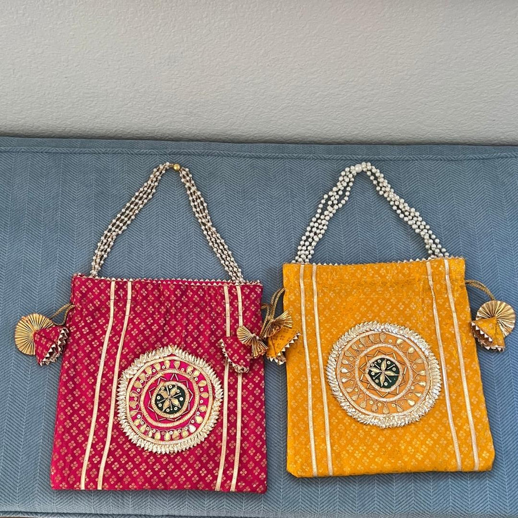 Pearl Potli Bags - Set of 2 Bandhani Pouches with Pearl Straps