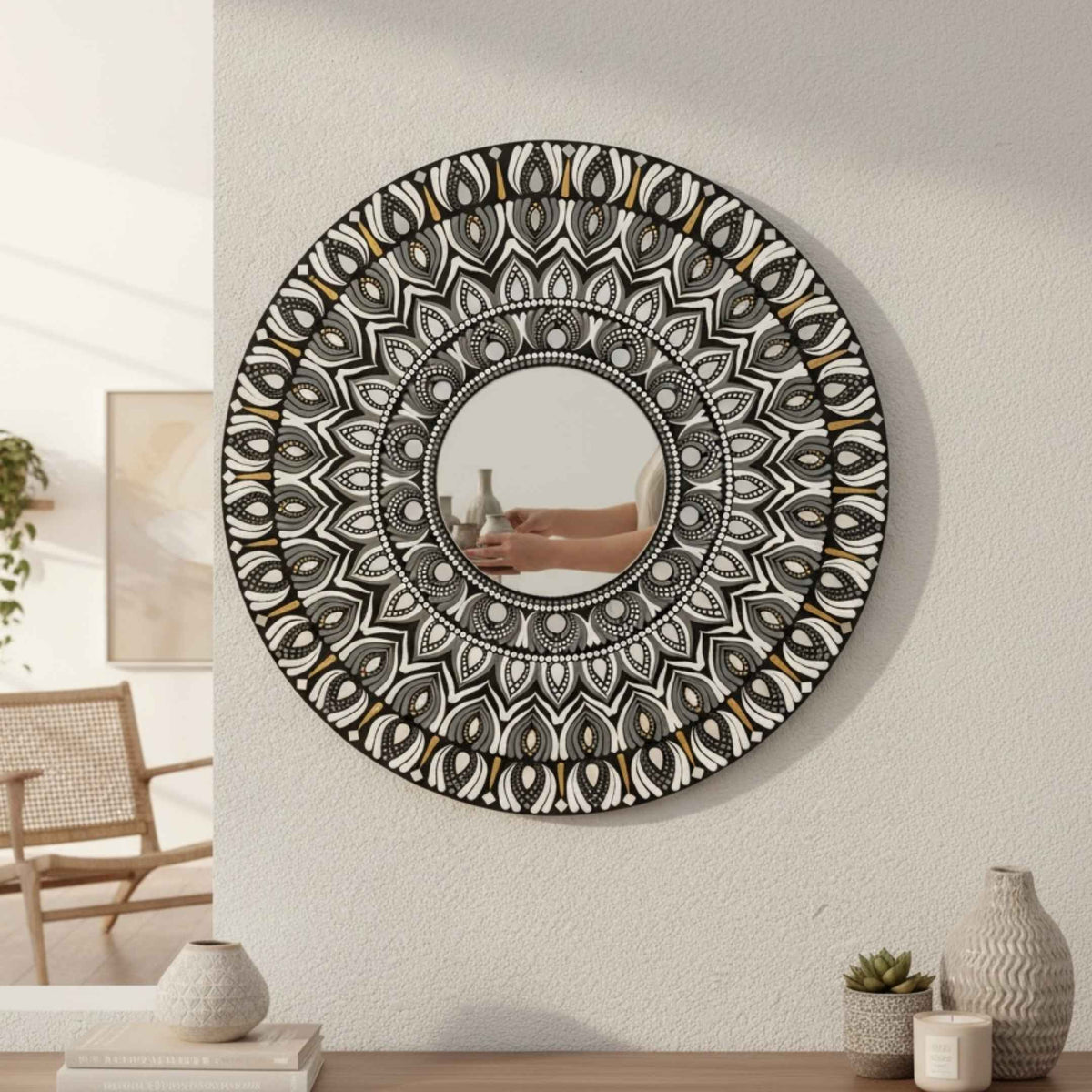 24-Inch Mandala Mirror Wall Art – Monochrome Feather Lippan