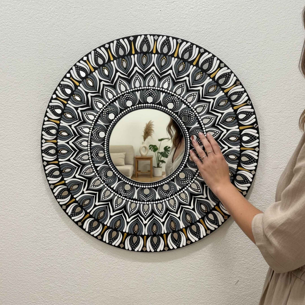 24-Inch Mandala Mirror Wall Art – Monochrome Feather Lippan