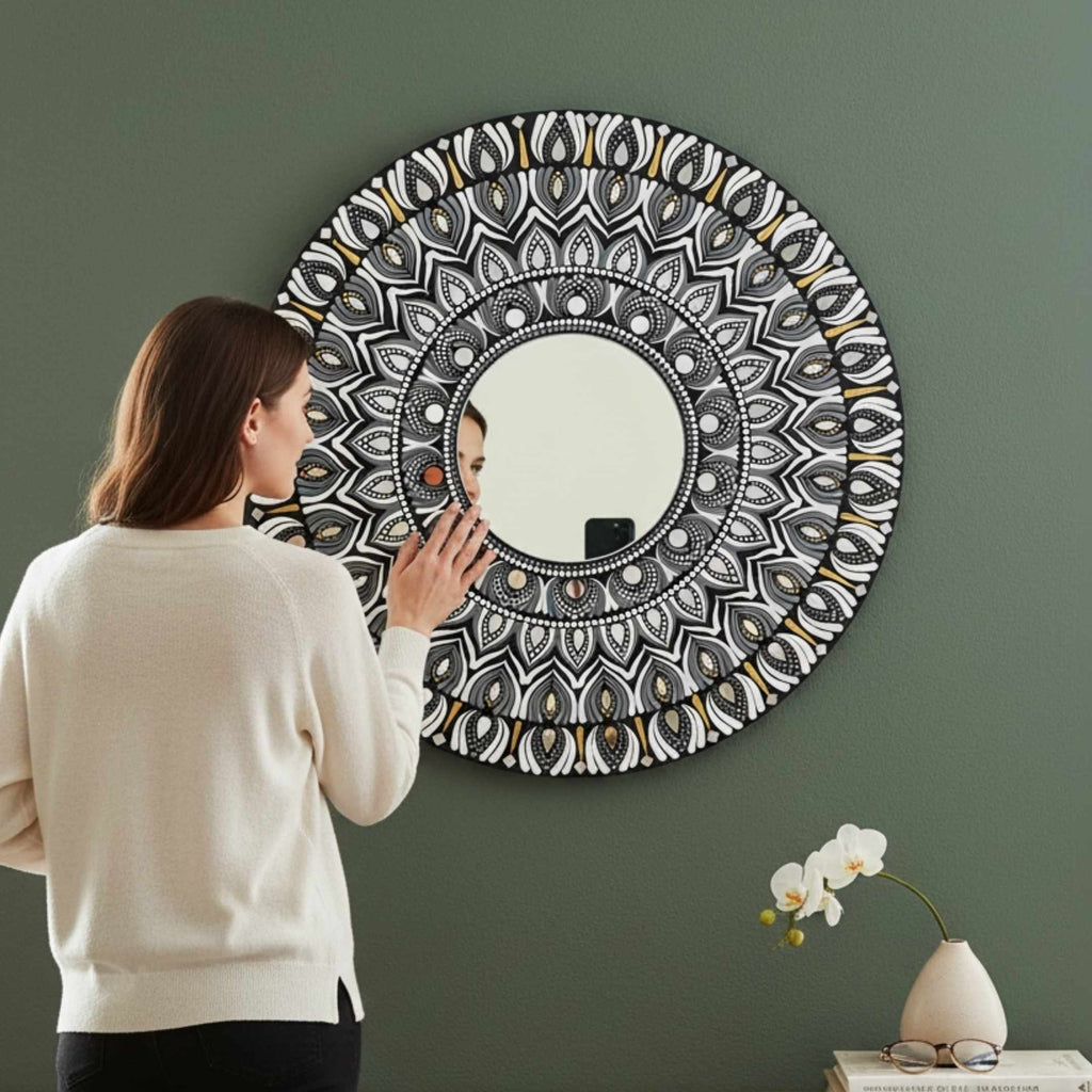 24-Inch Mandala Mirror Wall Art – Monochrome Feather Lippan