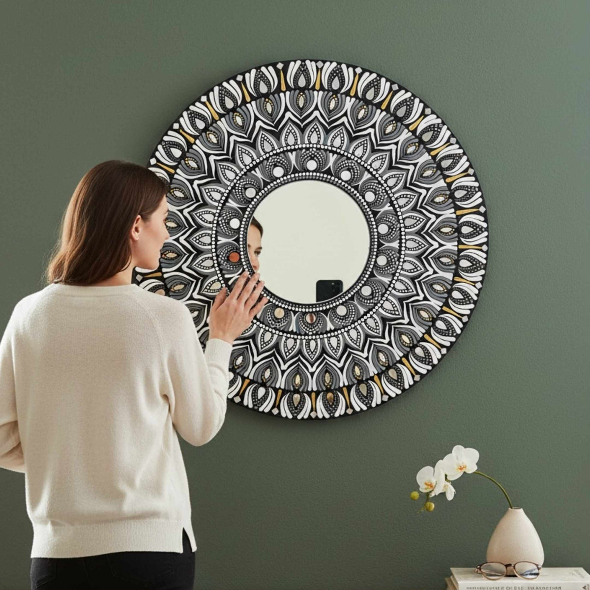 24-Inch Mandala Mirror Wall Art – Monochrome Feather Lippan