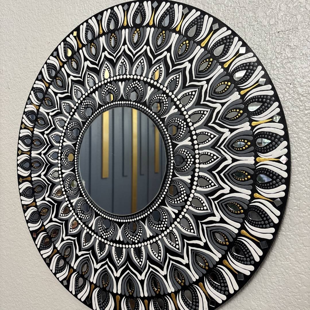 24-Inch Mandala Mirror Wall Art – Monochrome Feather Lippan