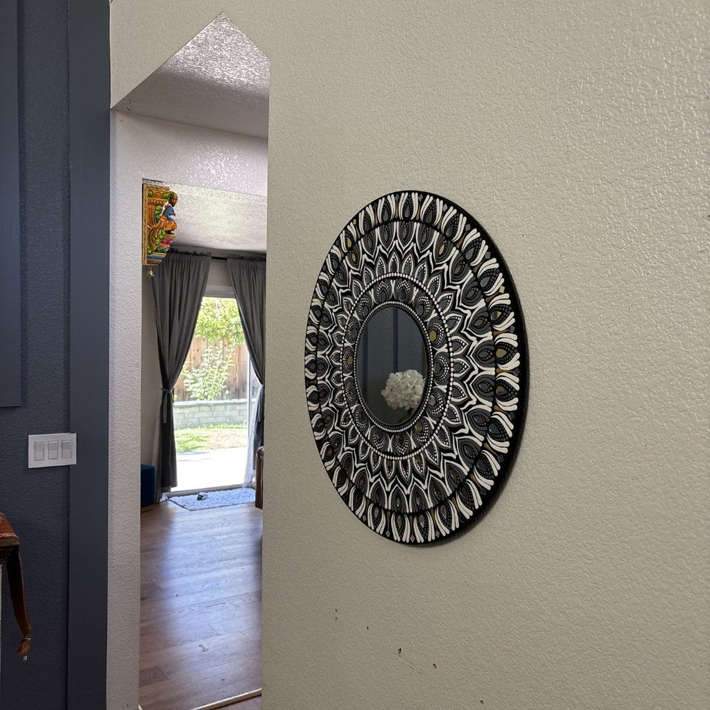 24-Inch Mandala Mirror Wall Art – Monochrome Feather Lippan