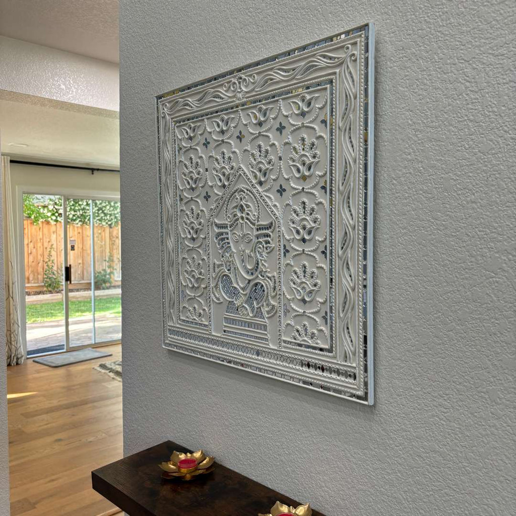 White Ganesha Lippan Wall Art - 23x23-Inch Mud & Mirror Panel
