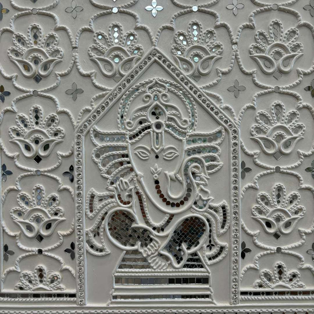 White Ganesha Lippan Wall Art - 23x23-Inch Mud & Mirror Panel