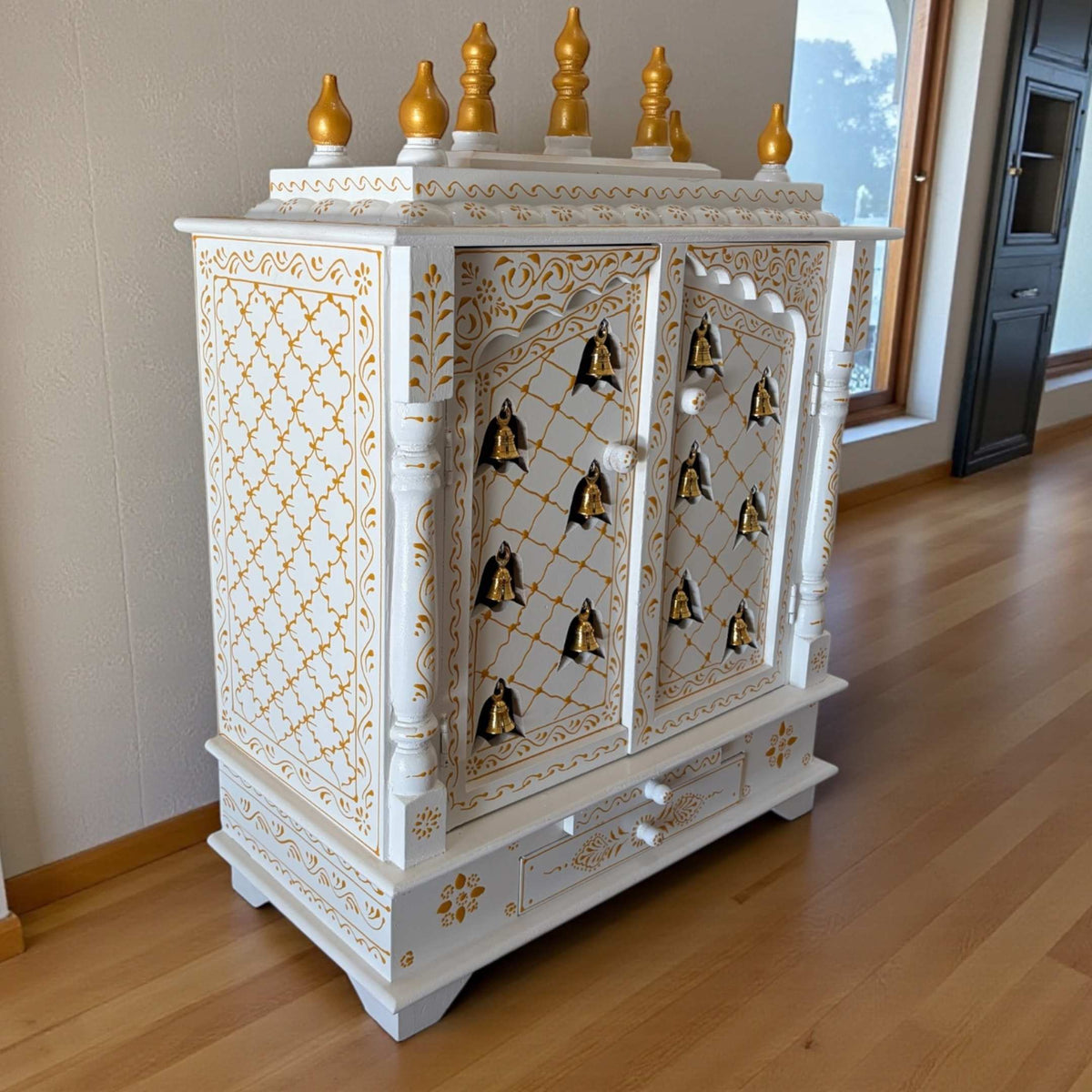 White Wooden Pooja Mandir with Brass Bells & Doors