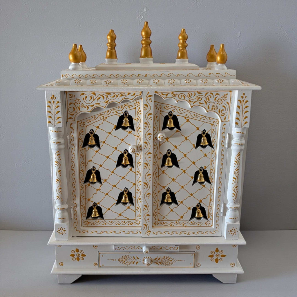 White Wooden Pooja Mandir with Brass Bells & Doors