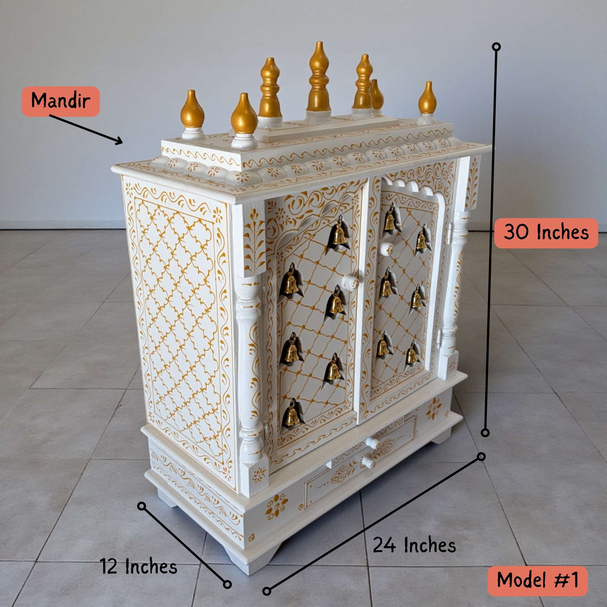 White Wooden Pooja Mandir with Brass Bells & Doors
