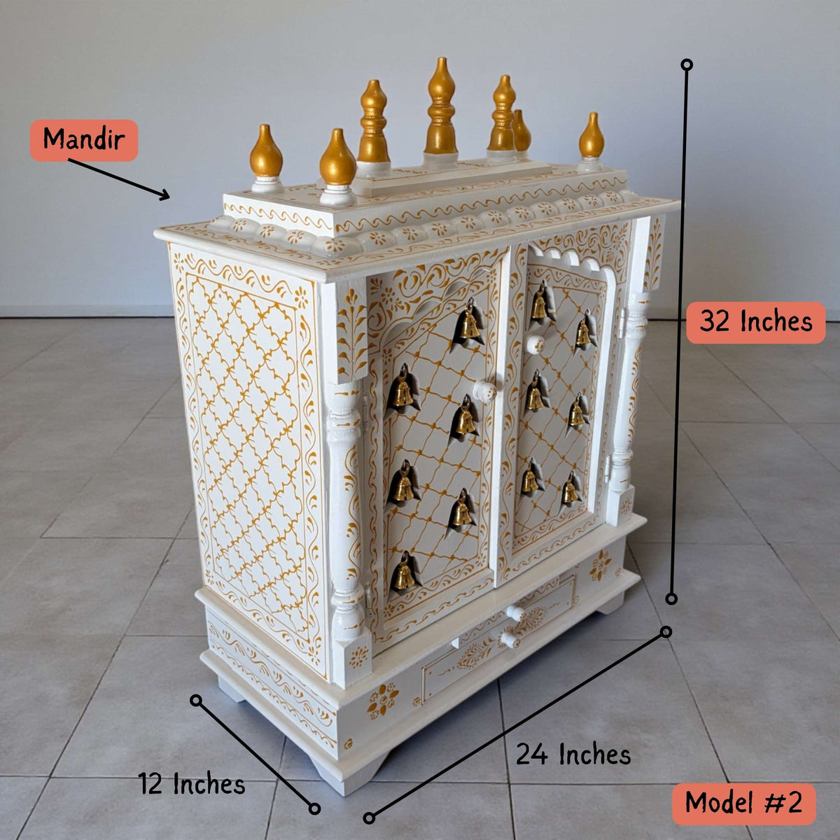 White Wooden Pooja Mandir with Brass Bells & Doors