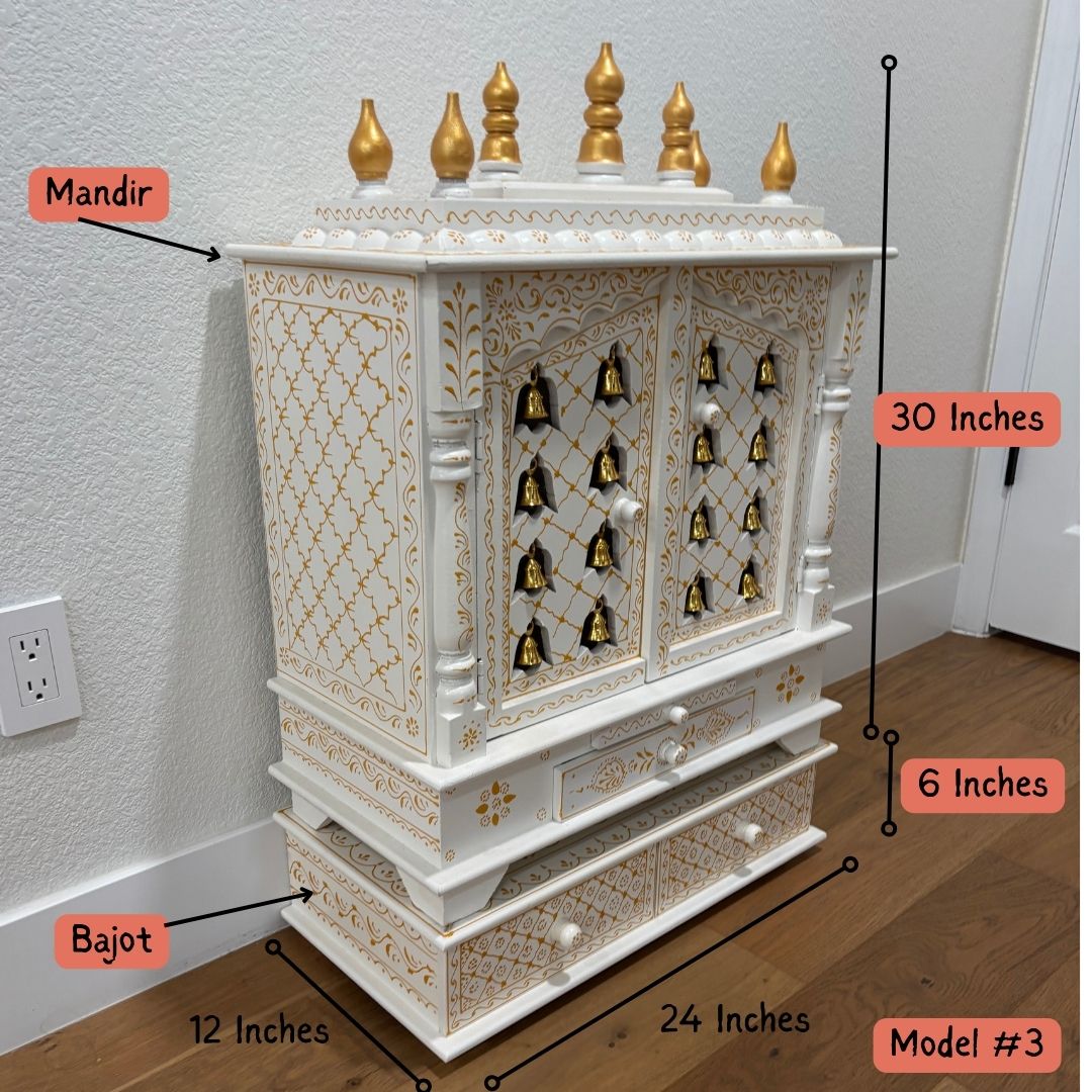 White Wooden Pooja Mandir with Brass Bells & Doors