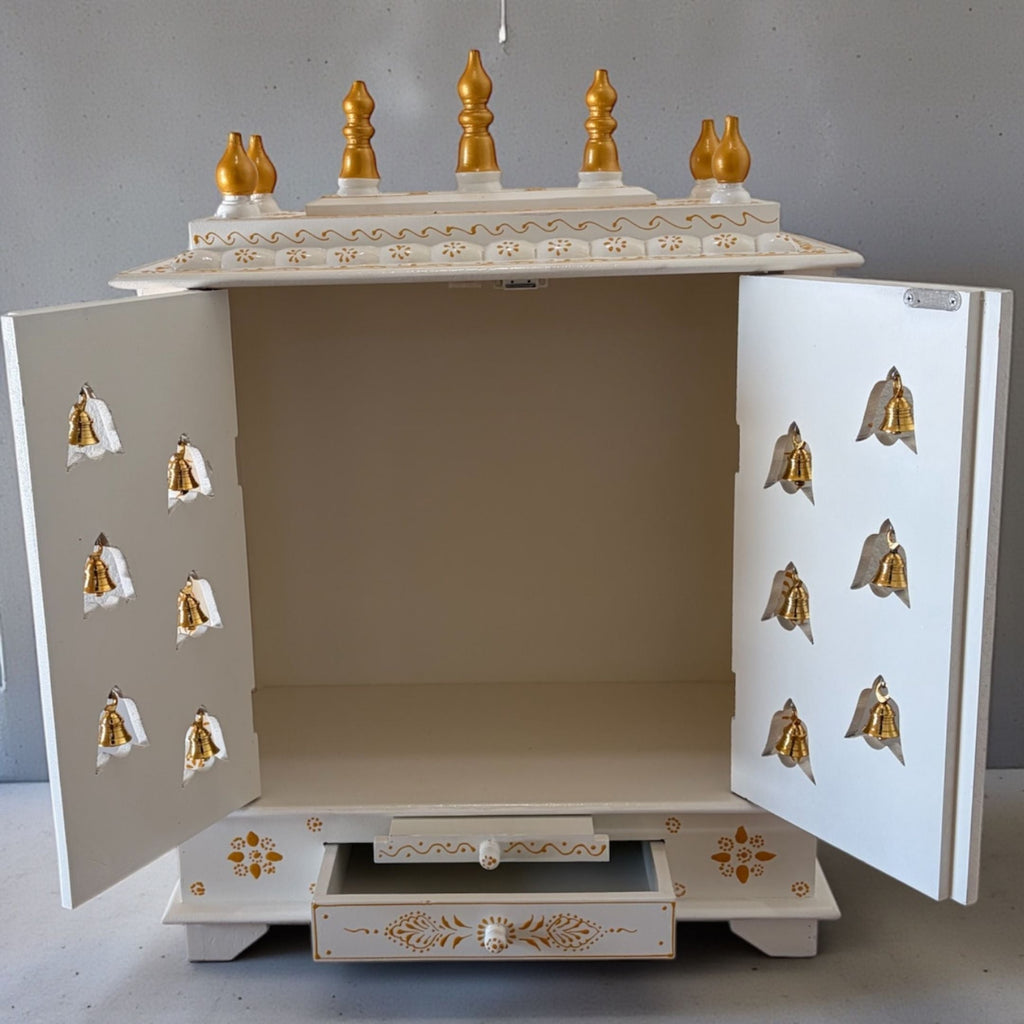 White Wooden Pooja Mandir with Brass Bells & Doors