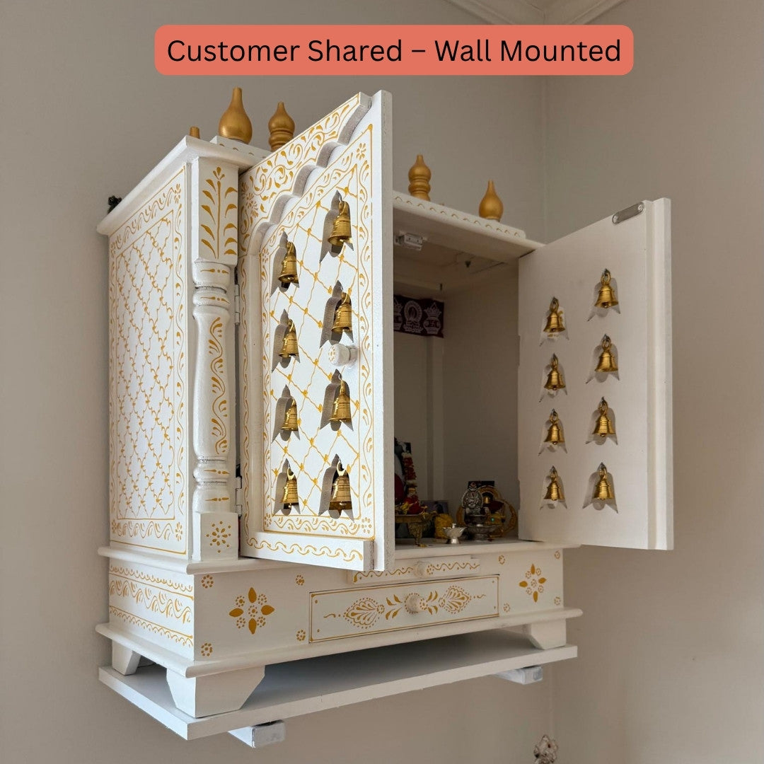 White Wooden Pooja Mandir with Brass Bells & Doors