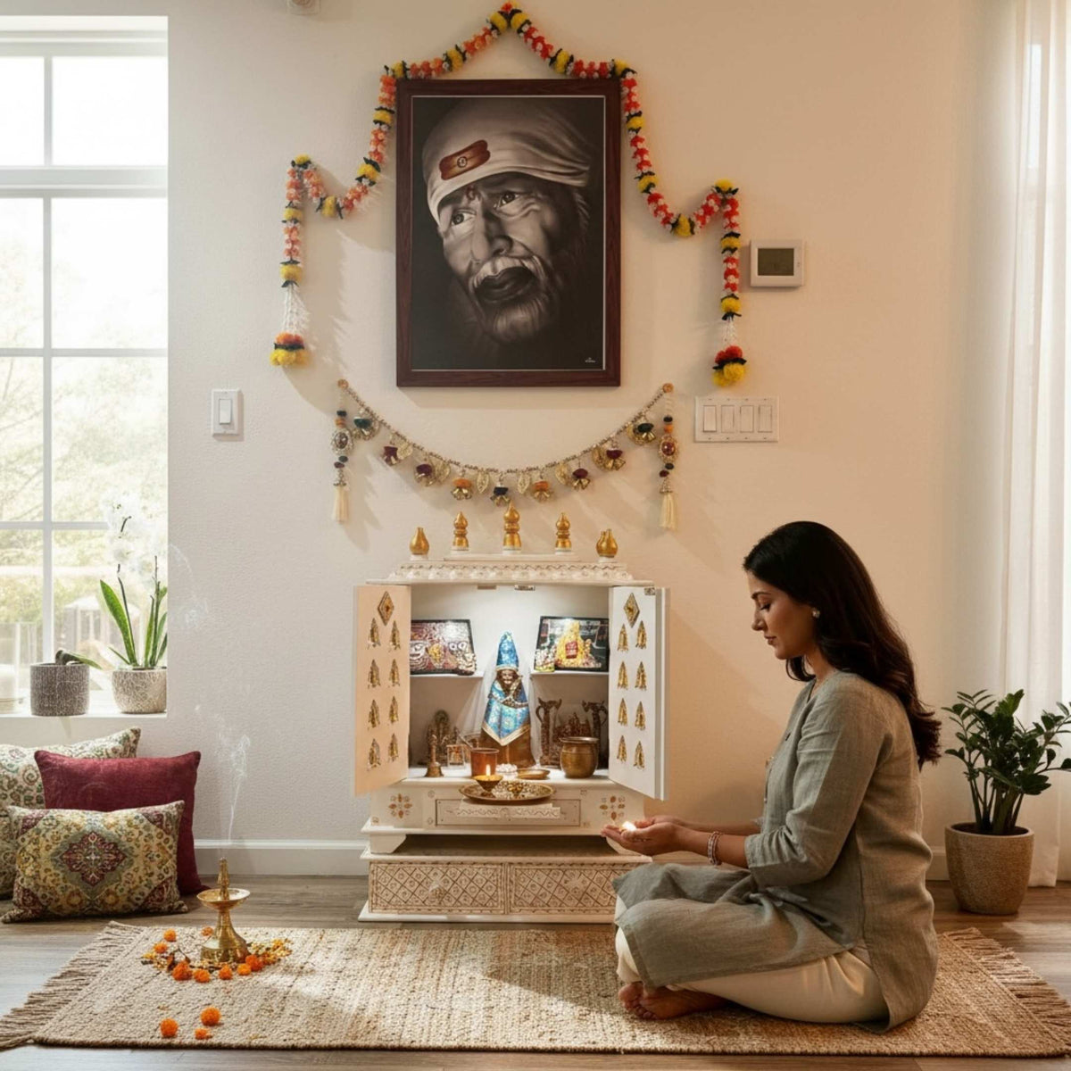 White Wooden Pooja Mandir with Brass Bells & Doors