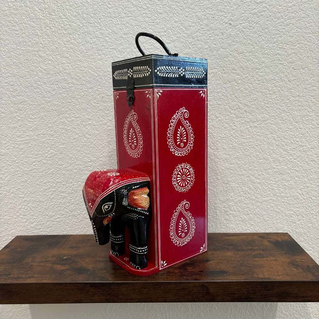 Wine Bottle Box - Hand-Painted Carved Elephant, Red, 14-Inch
