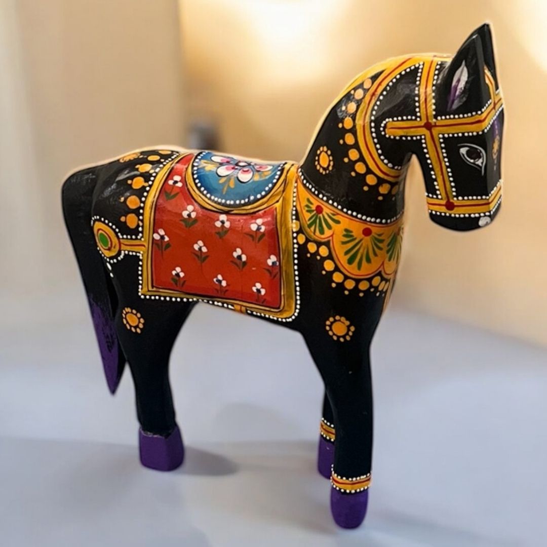 Wooden Horse - 12-Inch Hand-Painted Rajasthani Figure