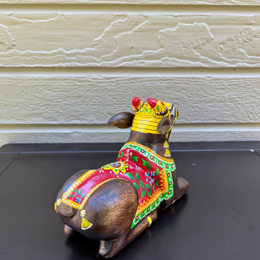 Wooden Nandi Statue - 9-Inch Hand-Carved, 10 Colours