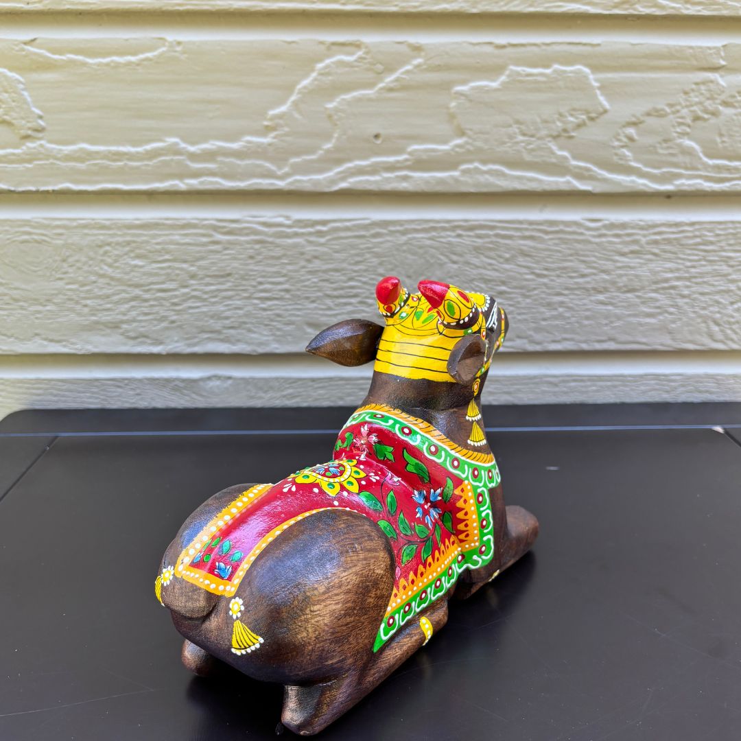 Wooden Nandi Statue - 9-Inch Hand-Carved, 10 Colours