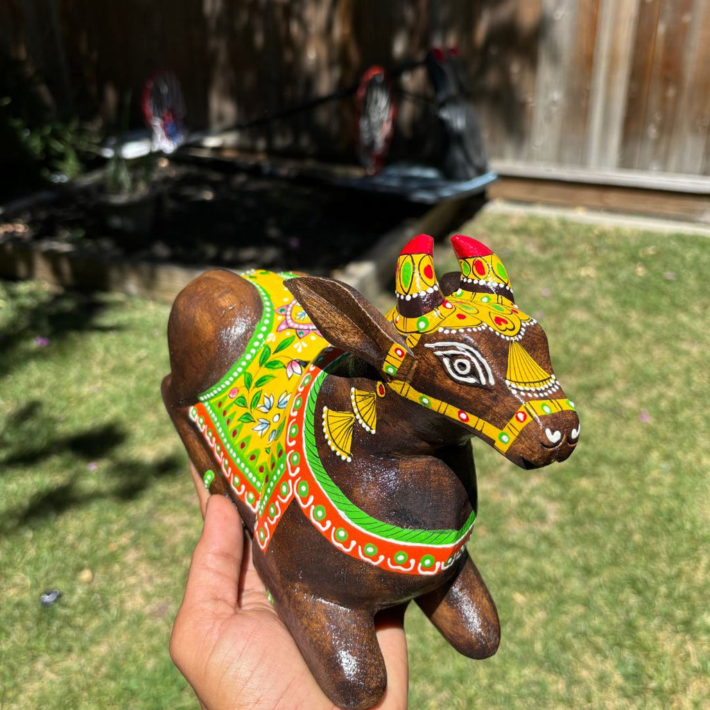 Wooden Nandi Statue - 9-Inch Hand-Carved, 10 Colours