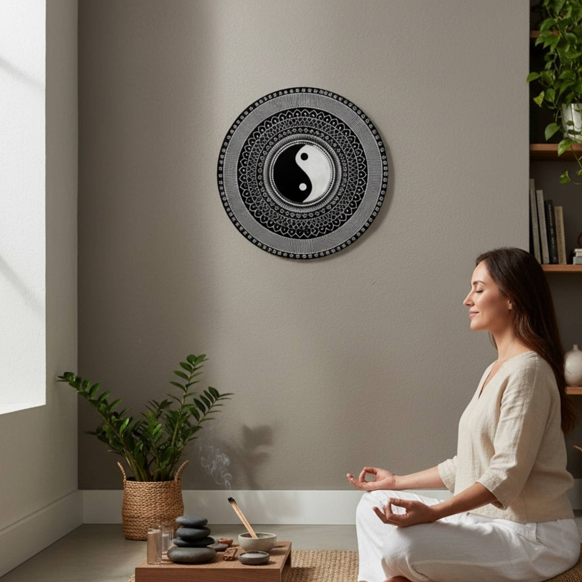 24-Inch Yin Yang Wall Art - Hand-Painted Mandala Panel