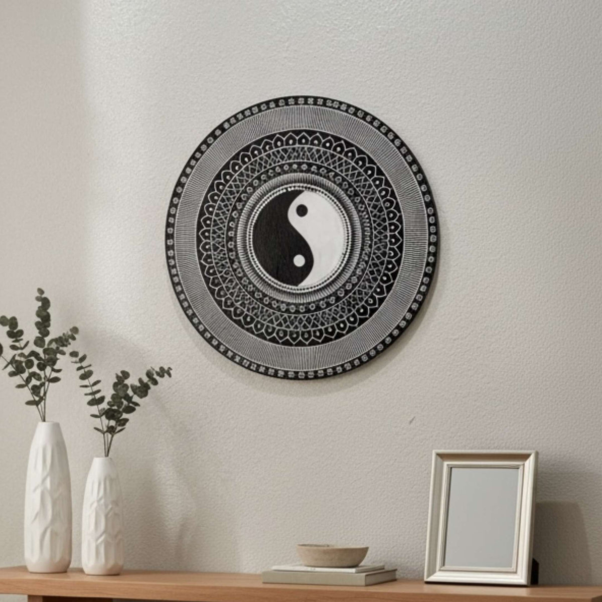 24-Inch Yin Yang Wall Art - Hand-Painted Mandala Panel