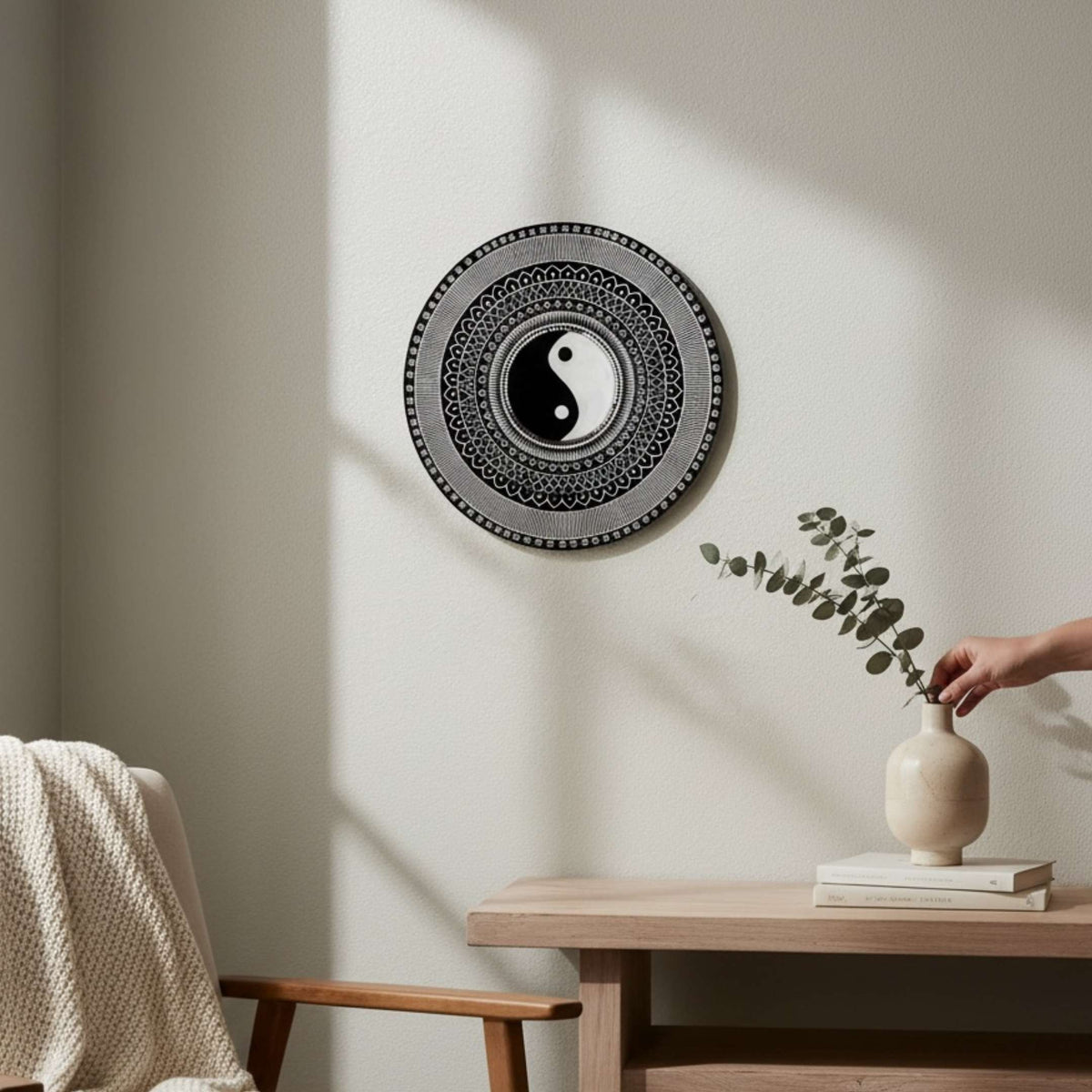 24-Inch Yin Yang Wall Art - Hand-Painted Mandala Panel