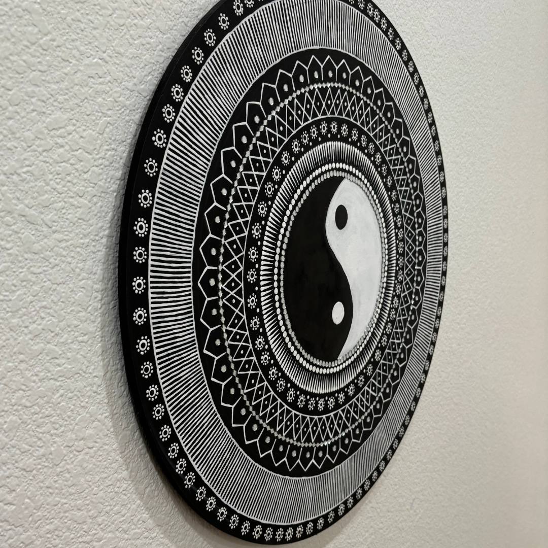 24-Inch Yin Yang Wall Art - Hand-Painted Mandala Panel