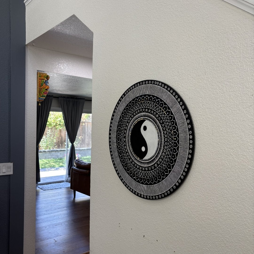 24-Inch Yin Yang Wall Art - Hand-Painted Mandala Panel